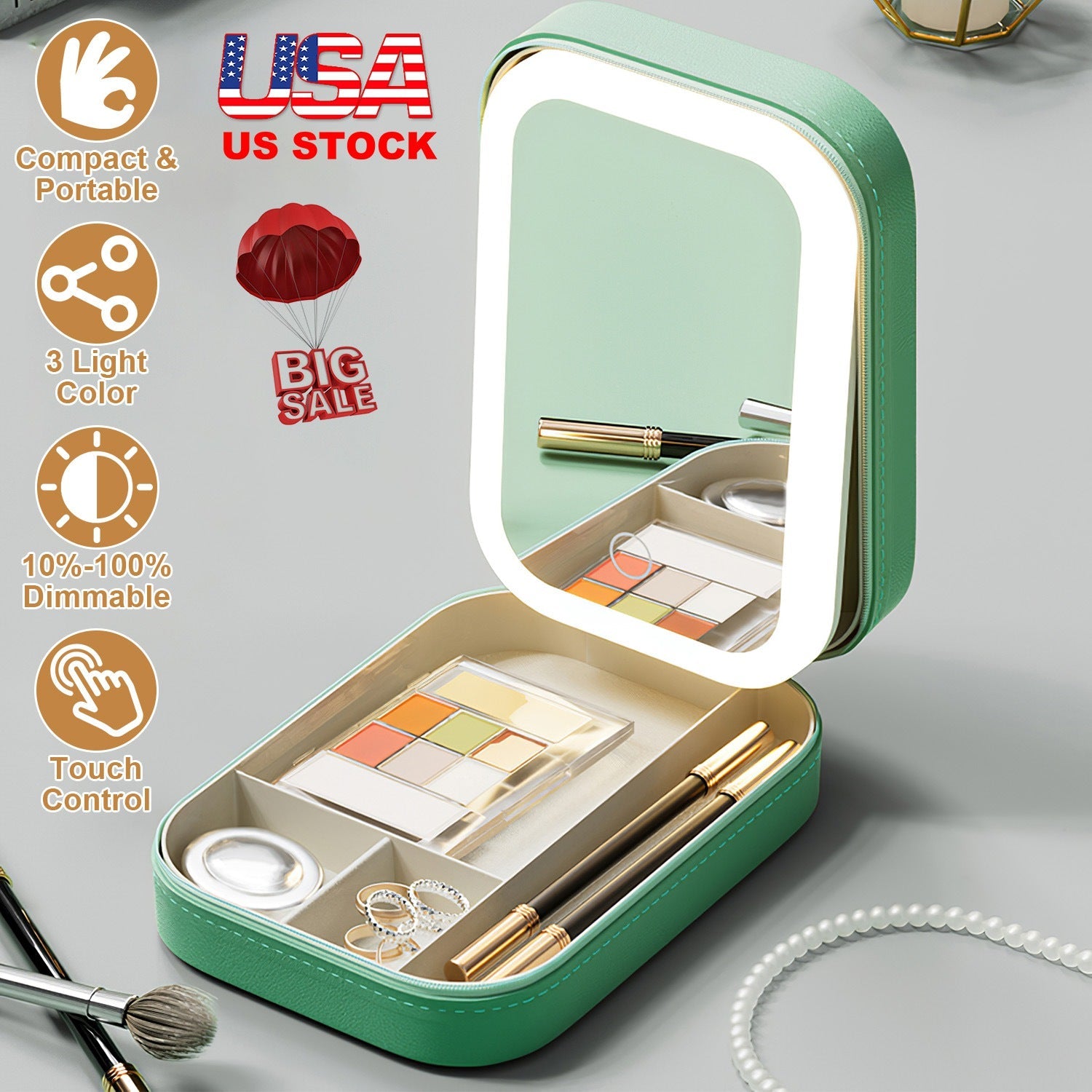 Portable Makeup Bag With LED Mirror Rechargeable Waterproof Cosmetic Organizer