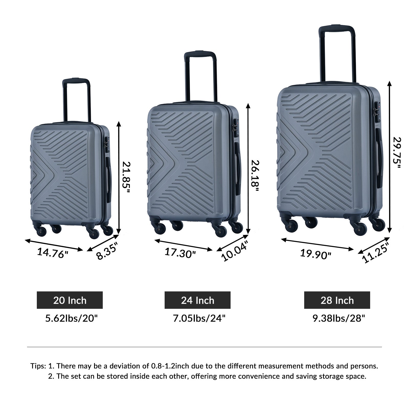3 Piece ABS Luggage Set Spinner Wheels TSA Lock