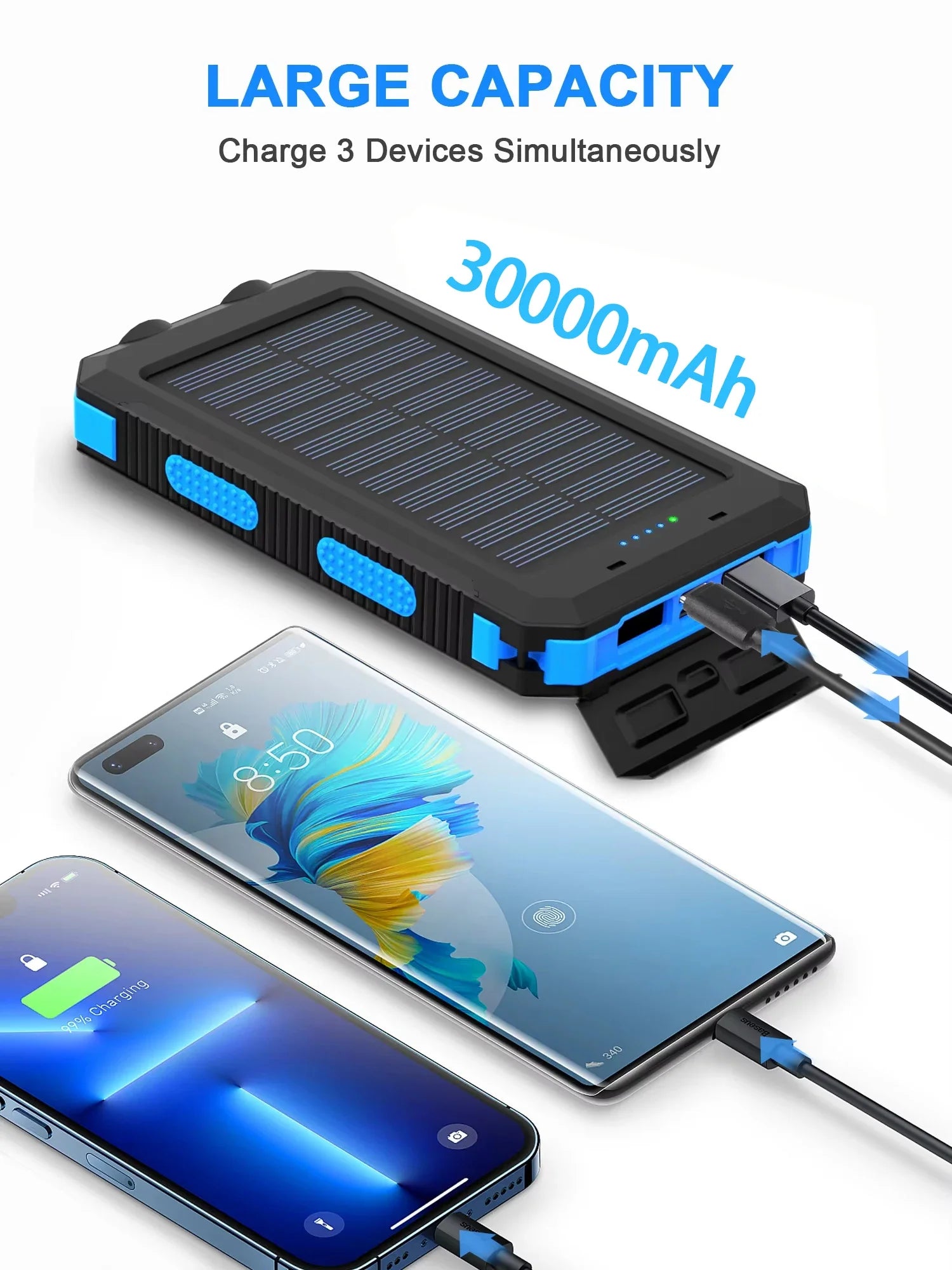 30000mAh Solar Power Bank Waterproof Dual USB Charger