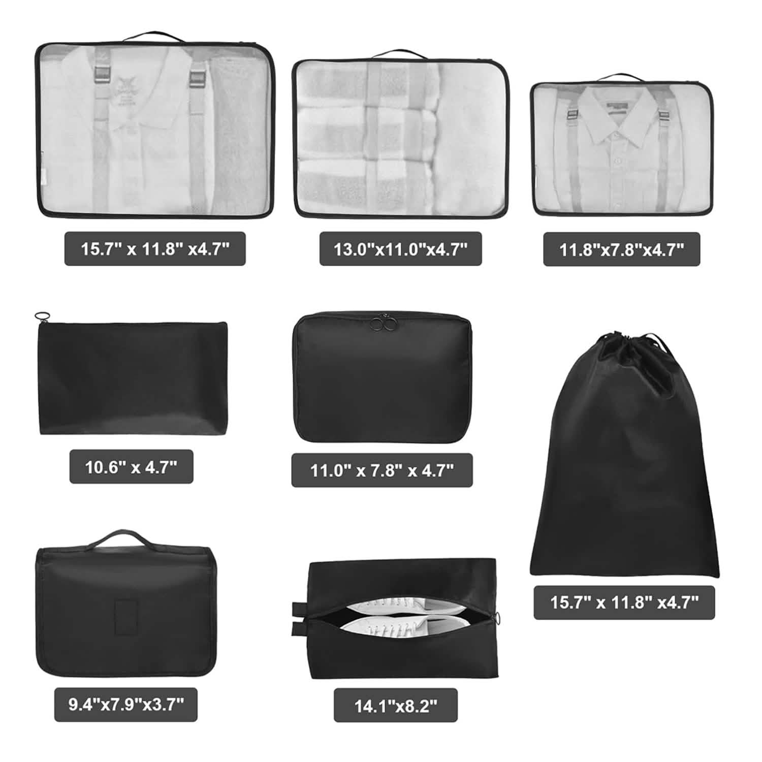 8 Pack Lightweight Packing Cubes Set With Toiletry Bag Organizer