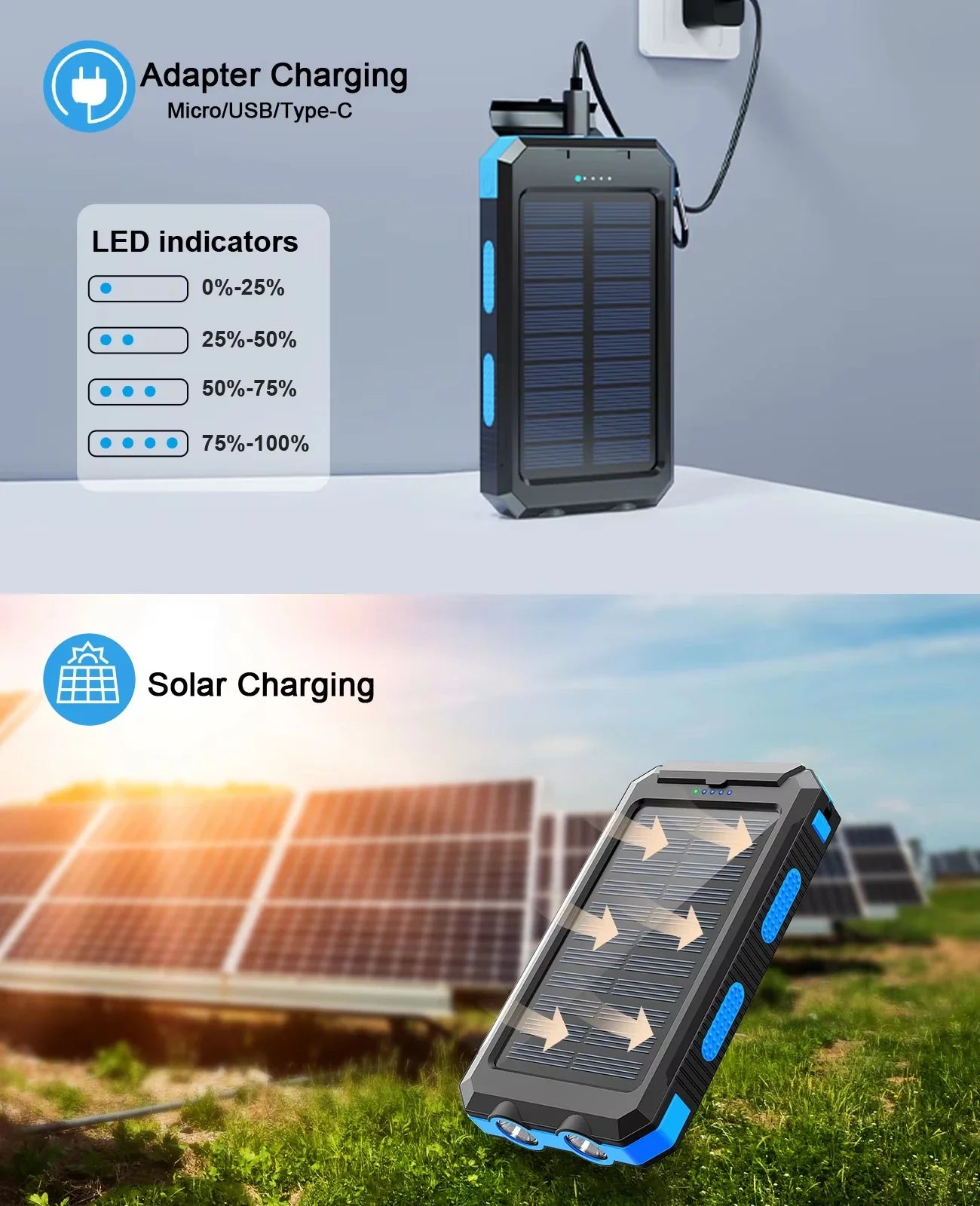 30000mAh Solar Power Bank Waterproof Dual USB Charger